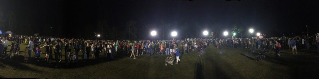 Panoramic view of the Howl-O-Scream event at night